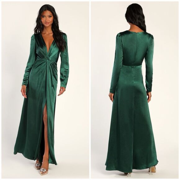 Lulus Dresses & Skirts - Lulus Endearing Elegance Emerald Green Long Sleeve Maxi Dress, Size L NWOT